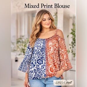 Chico’s Floral Blouse XL Red Blue Off Shoulder Boho Lightweight Top